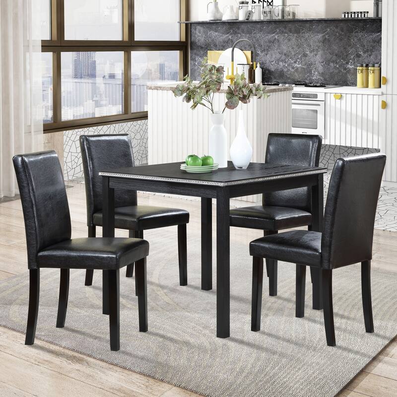 Farmhouse 5 Piece Crystal Decoration Dining Table Set, Solid Wood Kitchen Table Set with Square Table and 4 Upholstered Chairs - Black