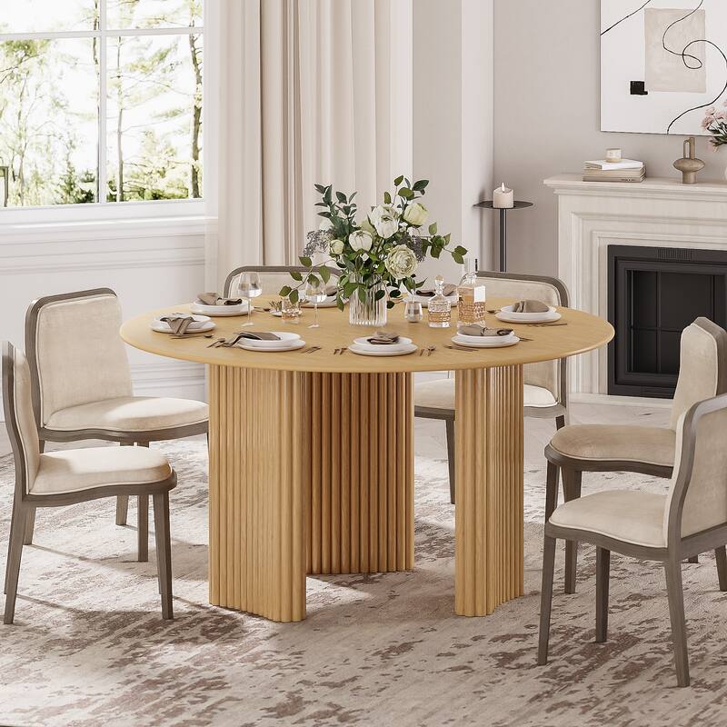 Modern Round Dining Table with Striped Column Legs Solid Wood Kitchen Table Anti-Scratch Footpads