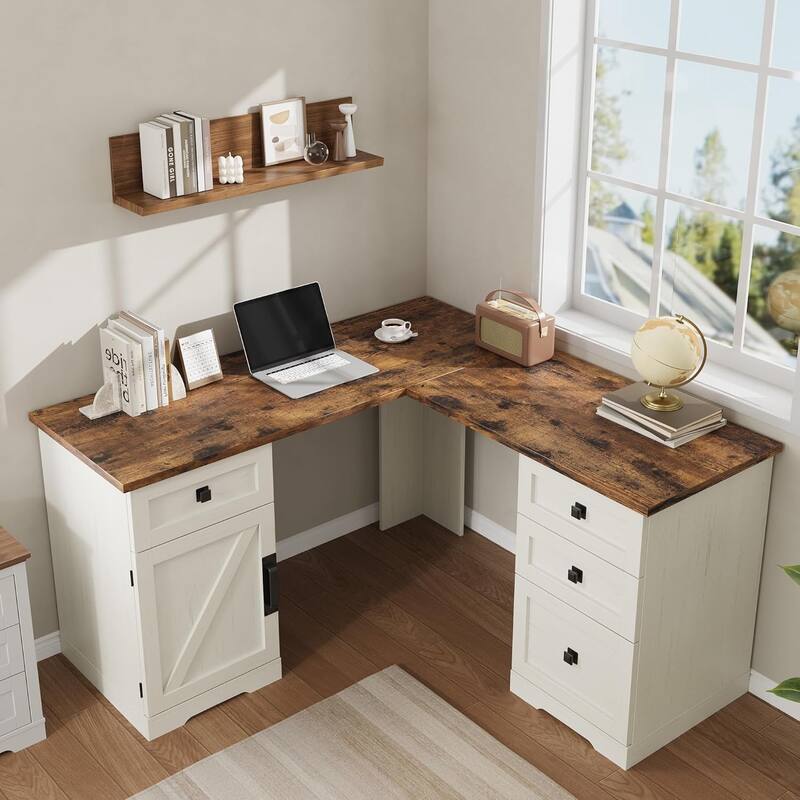L Shaped Desk,Home Office Desk with File Drawers - brown
