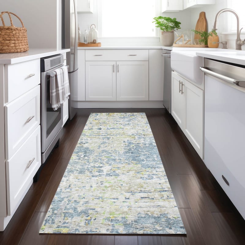 Machine Washable Indoor/ Outdoor Abstract Modern Chantille Rug - Blue - 2'3" x 7'6"