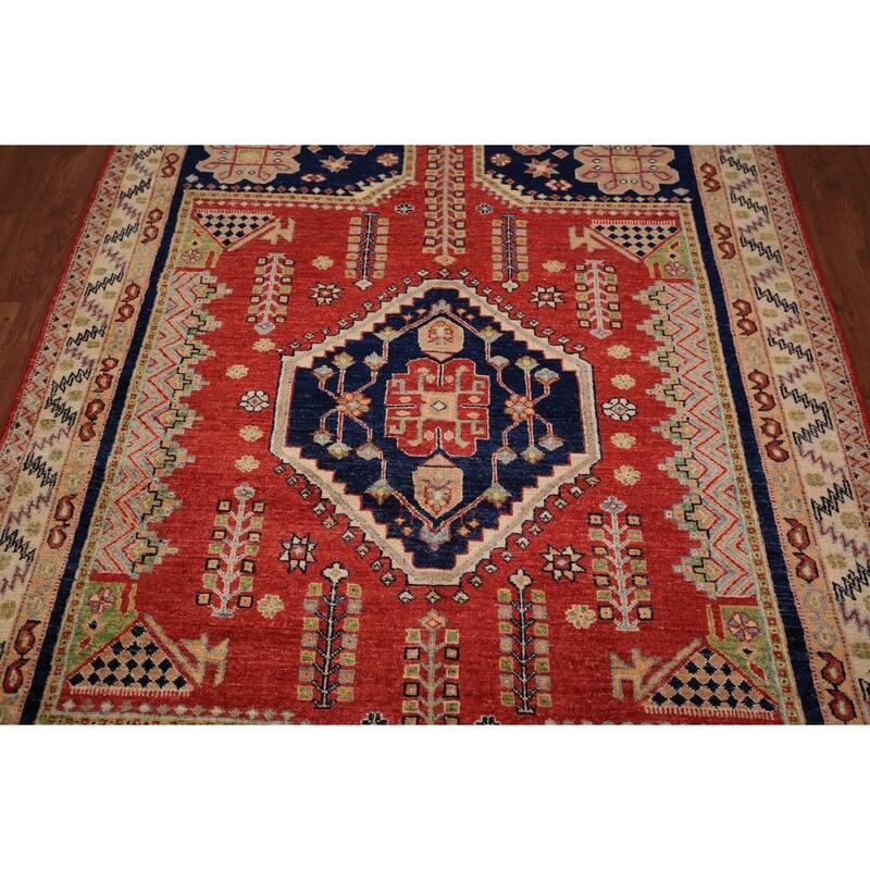 Vegetable Dye Geometric Heriz Oriental Rug Hand-Knotted Wool Carpet - 4'10" x 6'2"