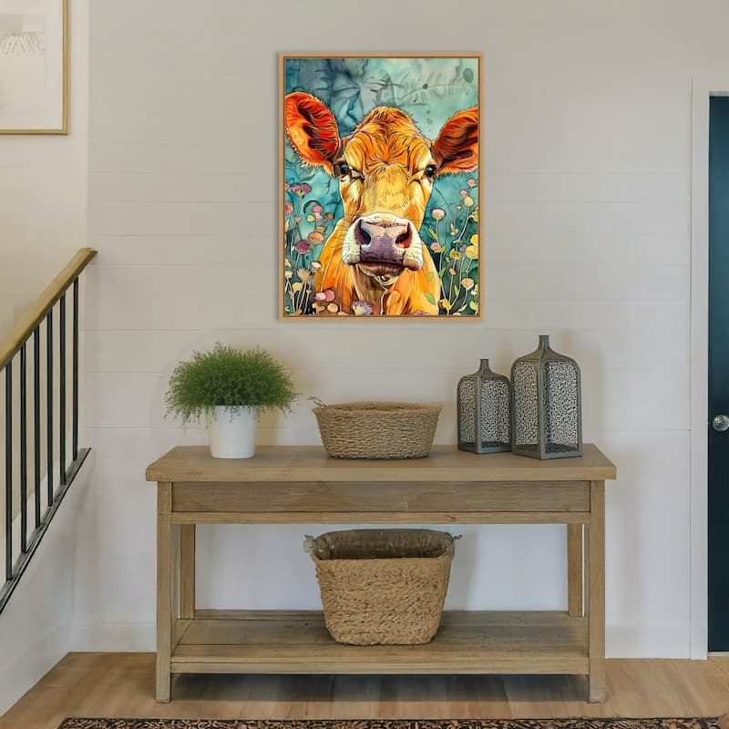 Cow in Flowers by Justyna Jaszke Framed Canvas Wall Art