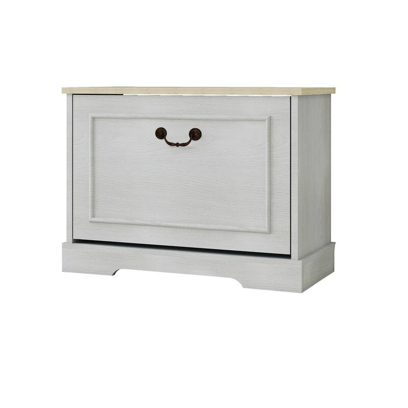 Shoe Storage Bench with 1 Flip Drawer and Adjustable Shelf, Small Shoe Cabinet for Entryway, Hallway, Bedroom-Antique White