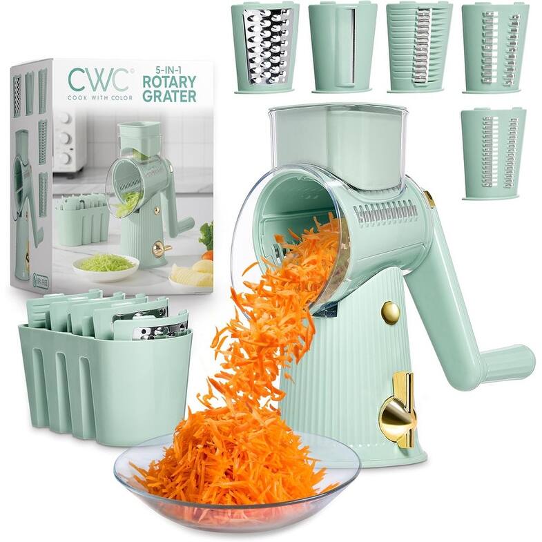 COOK WITH COLOR Rotary Cheese Grater with Handle Counter Suction Base 5 Blade Cheese Shredder Vegetable Chopper and Mandolin - SAGE