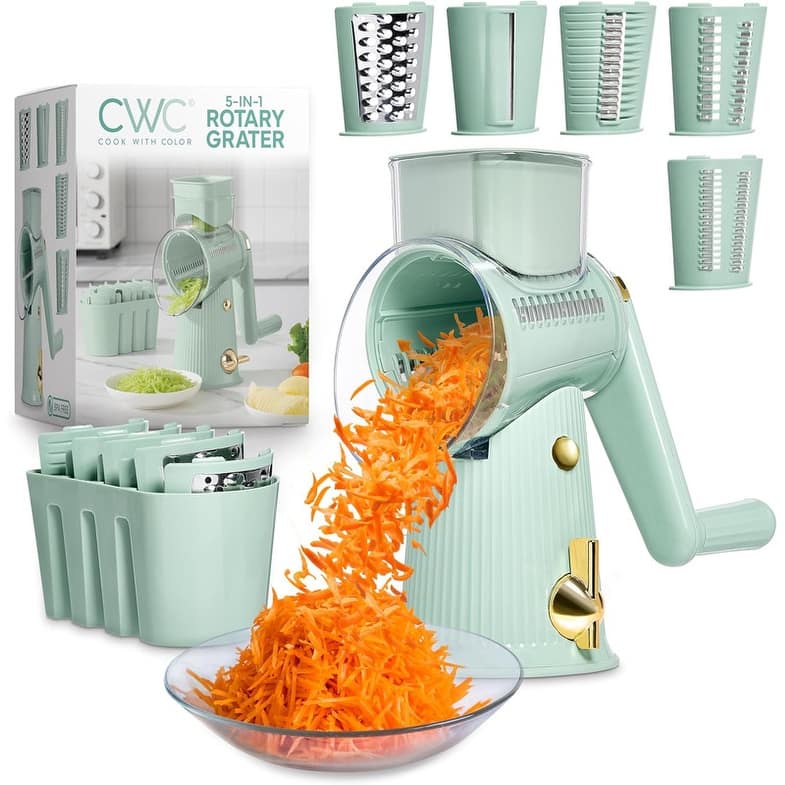 COOK WITH COLOR Rotary Cheese Grater with Handle Counter Suction Base 5 Blade Cheese Shredder Vegetable Chopper and Mandolin