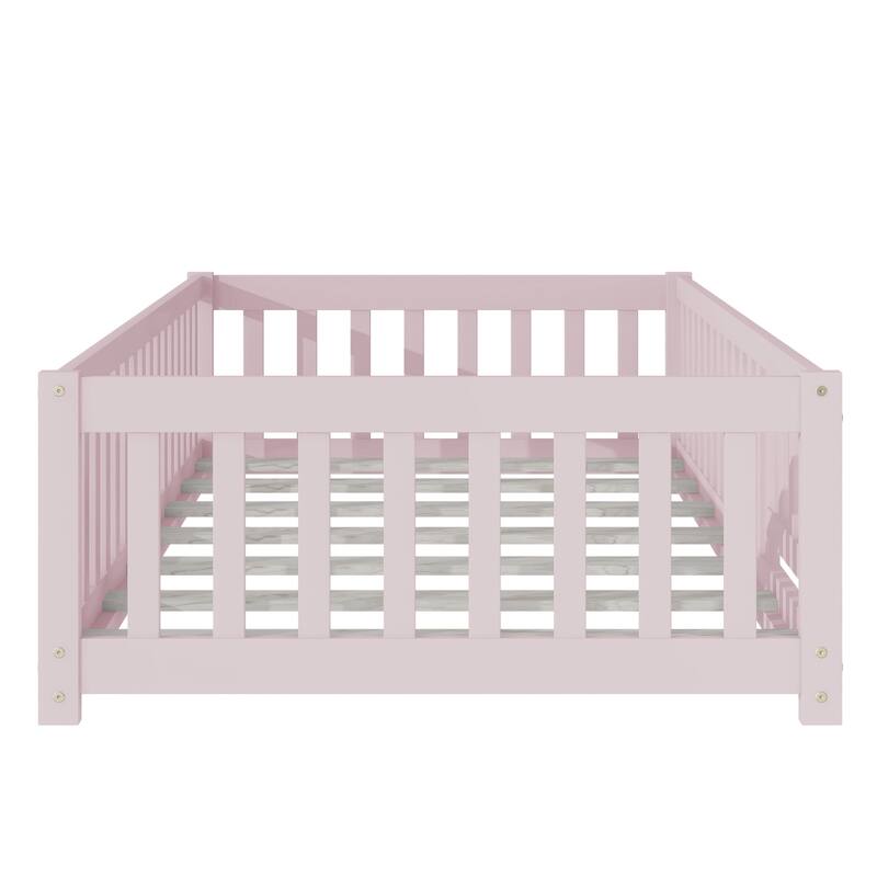 Twin Size Floor Bed with Fence and Door,Rubber Wood Floor Bed with Safety