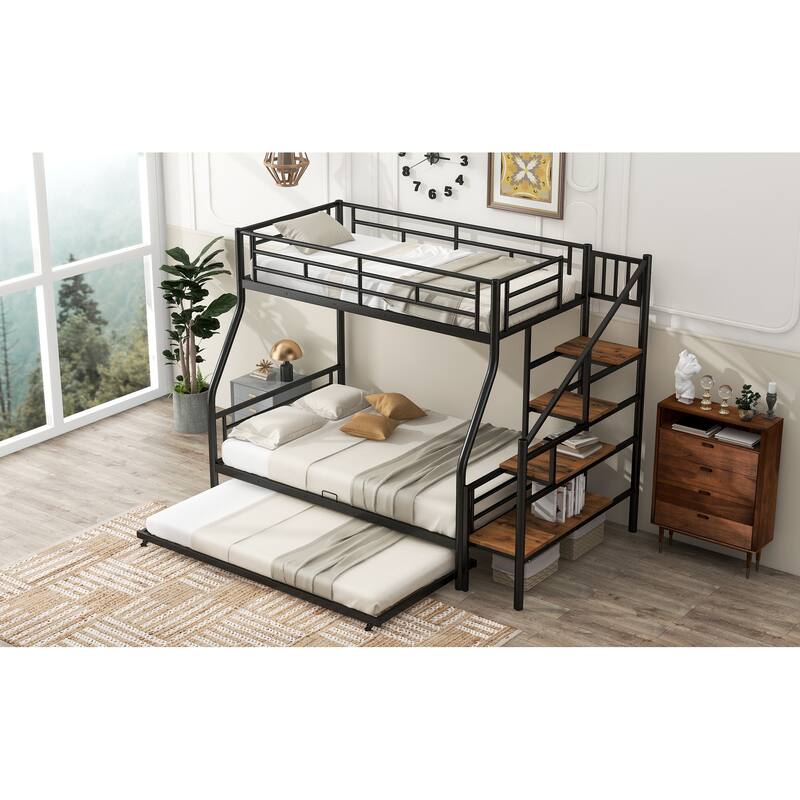 Twin over Full Metal Bunk Bed with Trundle, Storage Stairs, Black