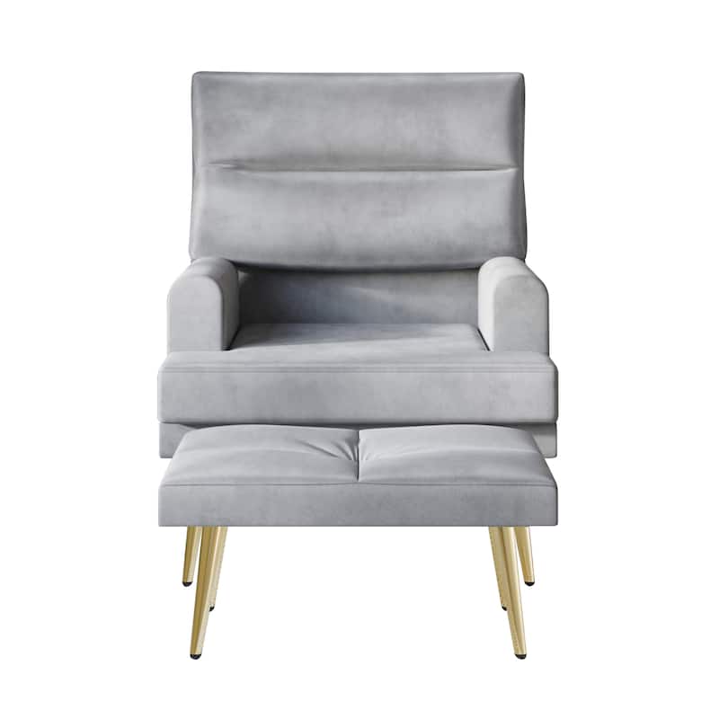 CraftPorch Modern Gold Legs Velvet Accent Chair with Ottoman - Silver Grey