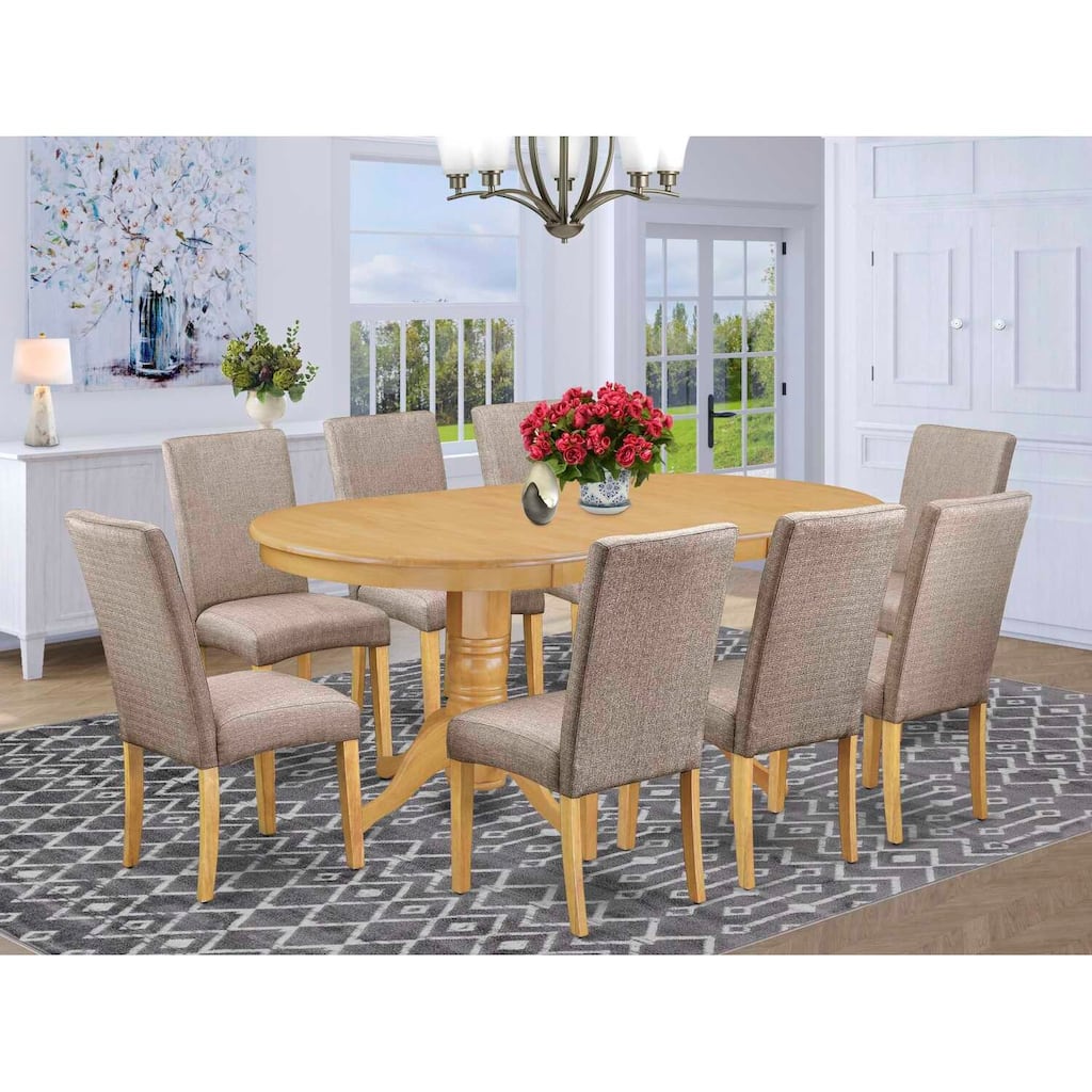 9-Piece Kitchen Dining Set - Table & 8 Chairs - Linen Fabric - Dark Khaki Finish