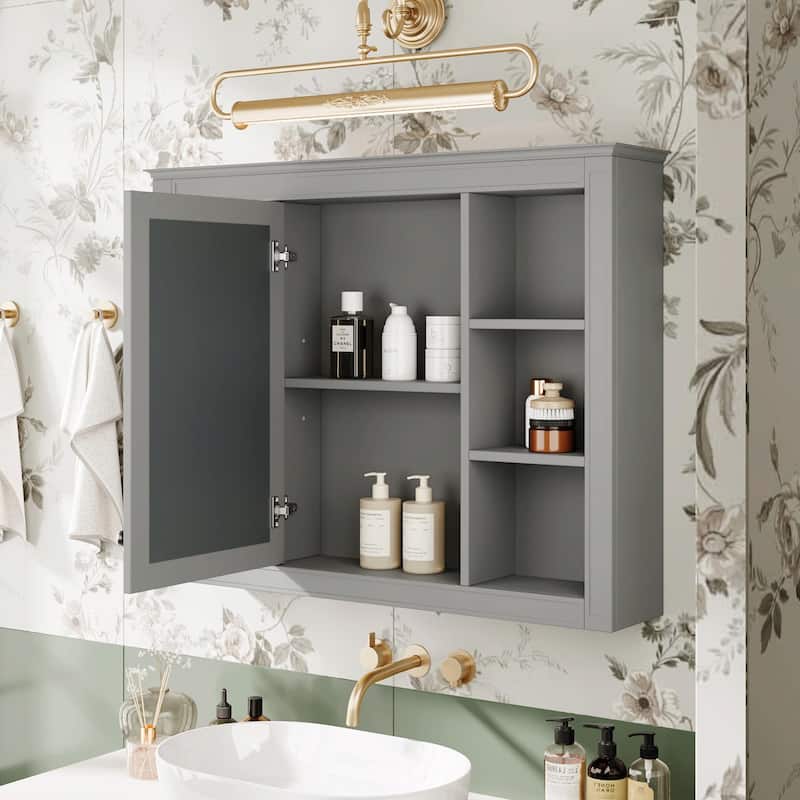Modern Wall-Mounted Bathroom Storage Cabinet with Mirror - Includes 6 Open Shelves