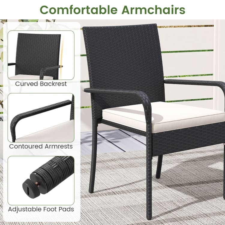 3 Piece Black PE Rattan Patio Set with Metal Frame, Cushions and Glass Table - Chair: 23" x 22.5" x 35"