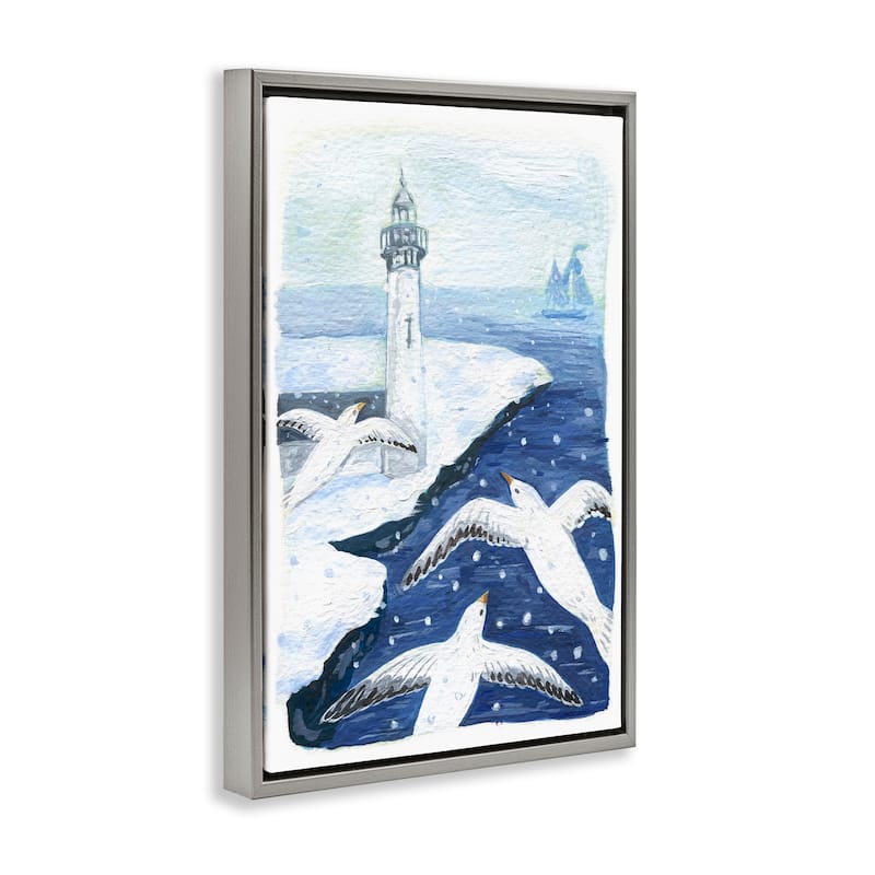 Stupell Snowy Winter Harbor Birds Framed Floater Canvas Wall Art Design By Hannah Moren