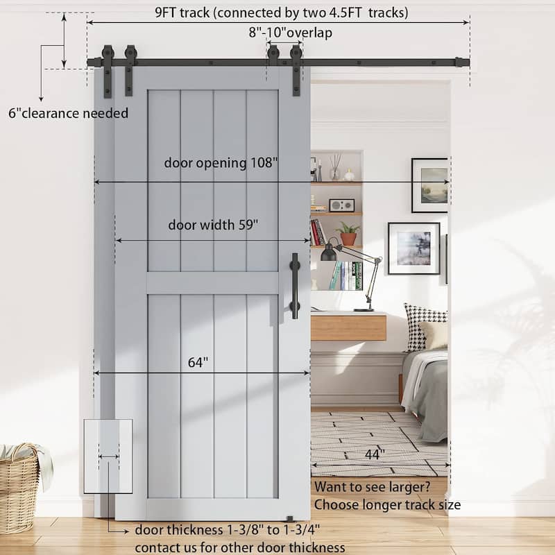 WINSOON 4-18FT Single Track Bypass Sliding Barn Door Hardware Kit for Double Doors J Style Rollers - 9FT