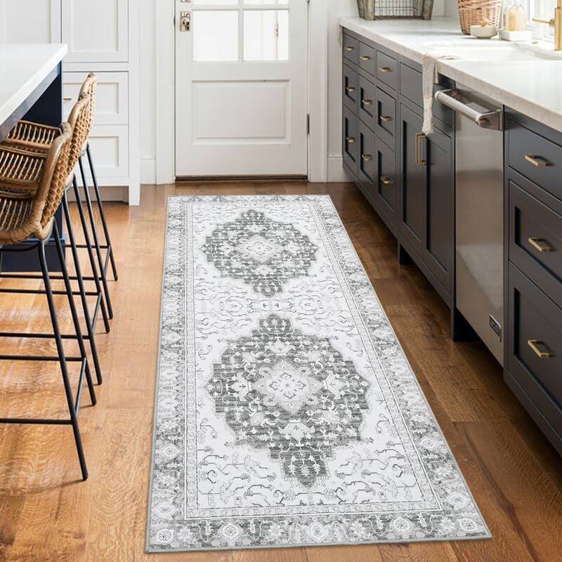 Runner Rug 2x6 Traditional Washable Vintage Medallion Floral Design Area Rug - 2' x 6' Oval - grey