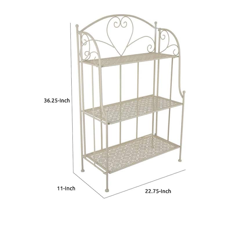 Modern Plant Stand with 3 Tier Shelves, Scrolled Floral White Metal
