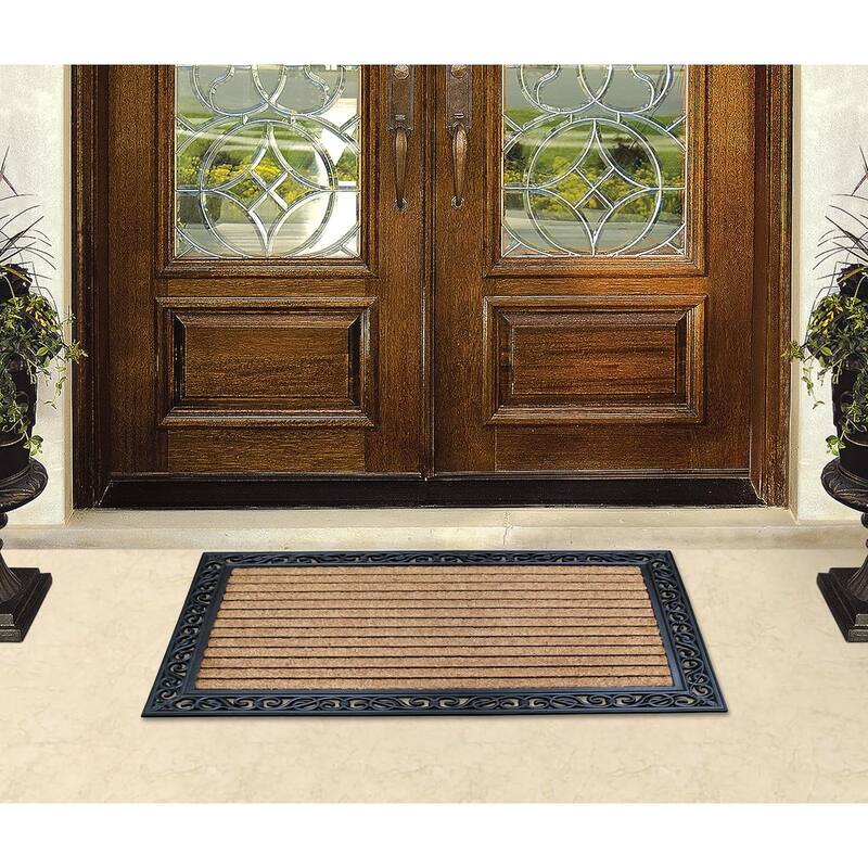 A1HC Rubber and Coir Striped Border Durable Double Door Doormat Black/Beige - 30"X48"