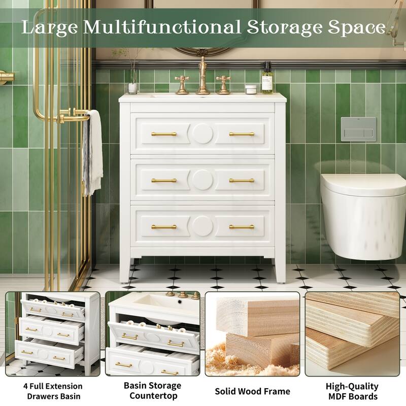 30 Inch Single Bathroom Vanity Set with Sink, Solid Pine Frame and Storage Drawers, Undermount Basin