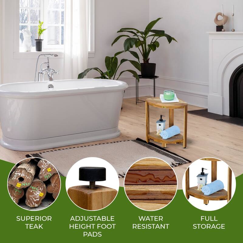 EcoDecors Corner Teak Wood Shelf Shaving Footrest Waterproof Stool For Inside Shower, 18-Inches Tall in Earthy Teak Finish