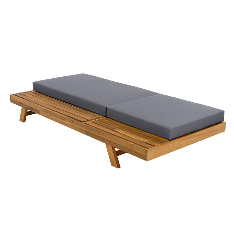 One-sided Open Storage Lounge Chairs Outdoor Patio Acacia Wood Chaise Lounge with Adjustable Backrest & Water-repellent Cushions