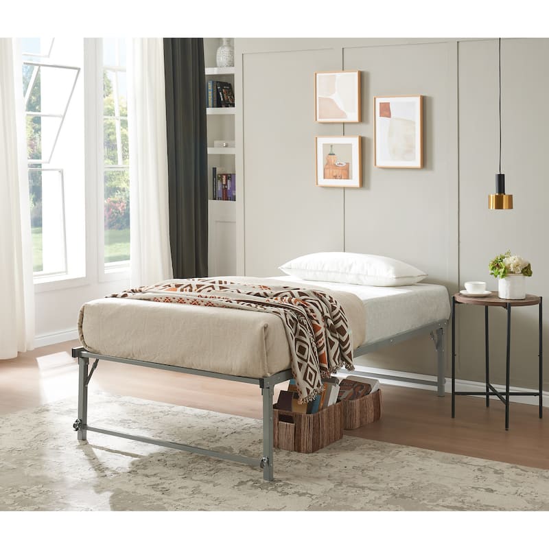 Amara Metal Lift-Up Trundle Bed with Wheels - Grey