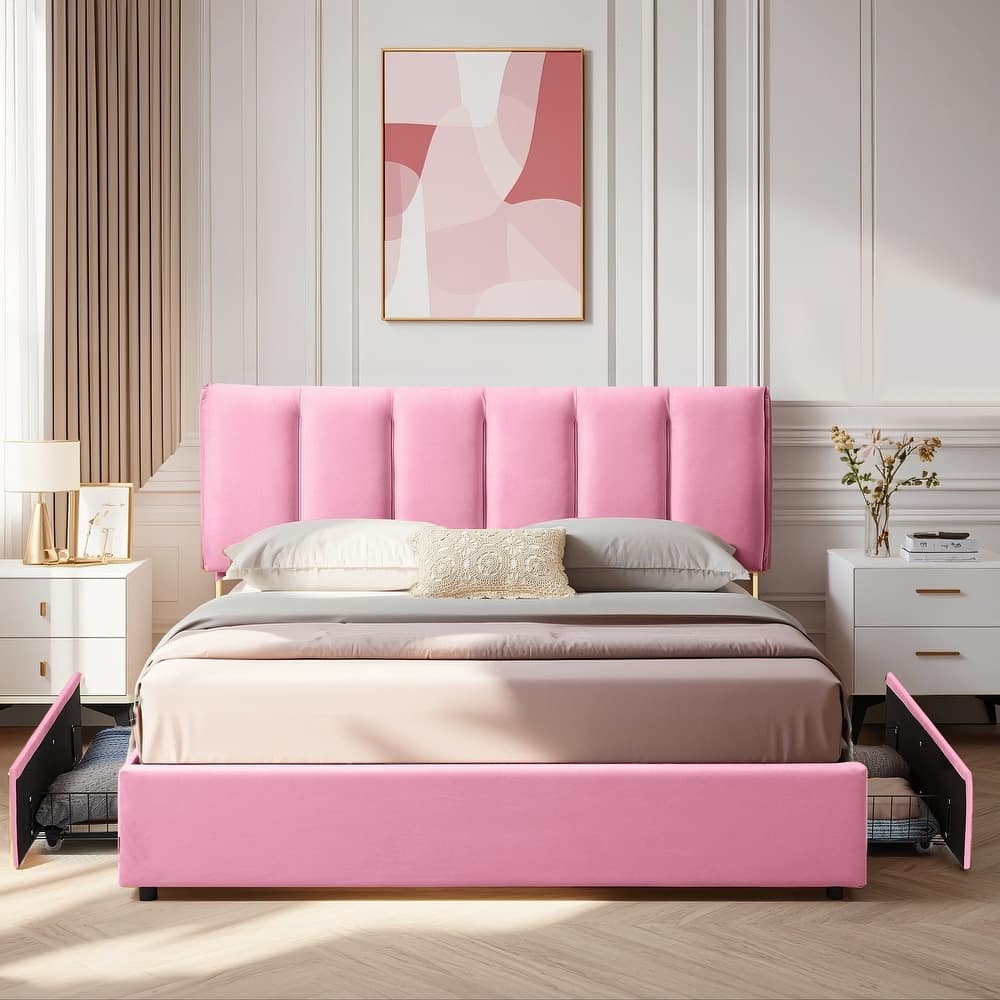 Javlergo Bed Frame with Storage Drawers, Upholstered Platform Bed Frame with Adjustable Headboard