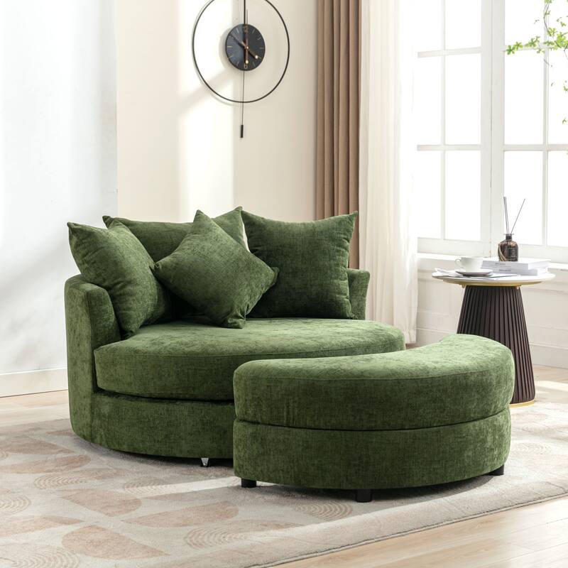 Roomfitters Modern 360° Swivel Barrel Chair with Hidden Storage Ottoman, Chenille Upholstery and Four Pillows