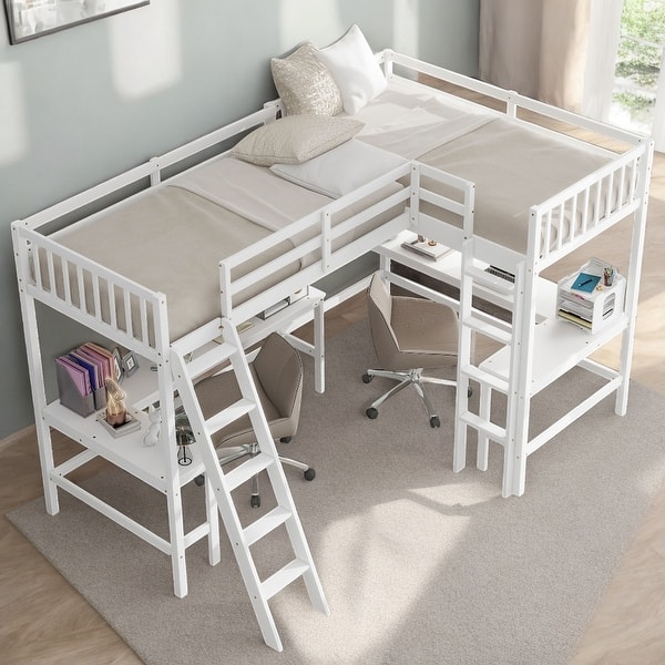 slide 2 of 12, Wood Twin Size L-Shaped Loft Bed with Ladder and 2 Built-in L-Shaped Desks, White White