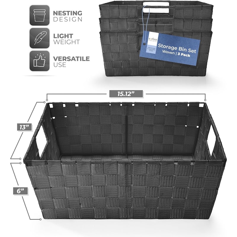 Sorbus Woven Basket Bin Shelf Storage Stackable with Woven Straps & Built-in Carry Handles - Set of 3 - 15.12" L x 13" W x 6" H