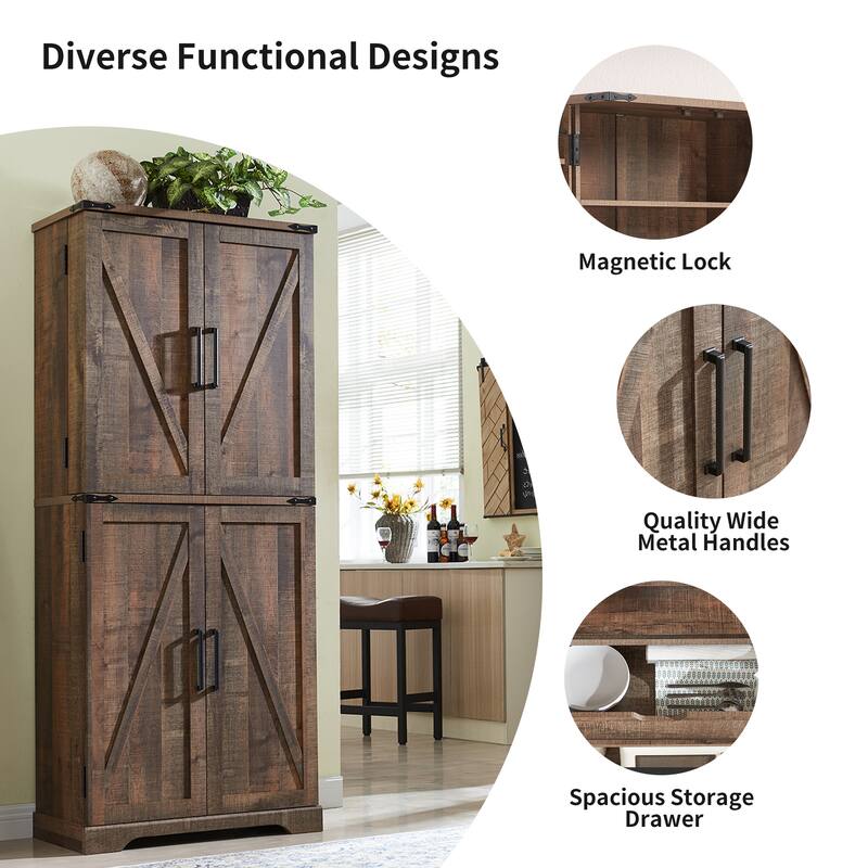Farmhouse Wood Pantry Cabinet with Barn Doors, Adjustable Shelves