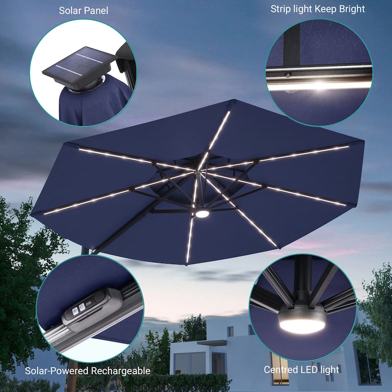 BONOSUKI 11Ft LED Double Top Aluminum LED Cantilever Patio Umbrella with Base for Patio Deck Garden, Red