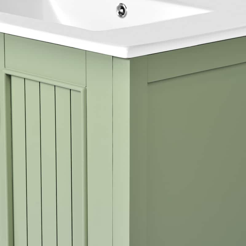 Rural Pastoral Style Bathroom Vanity Freestanding Vertical Stripe Cabinet with Ceramic Sink, Hidden Drawer and Gold Handles