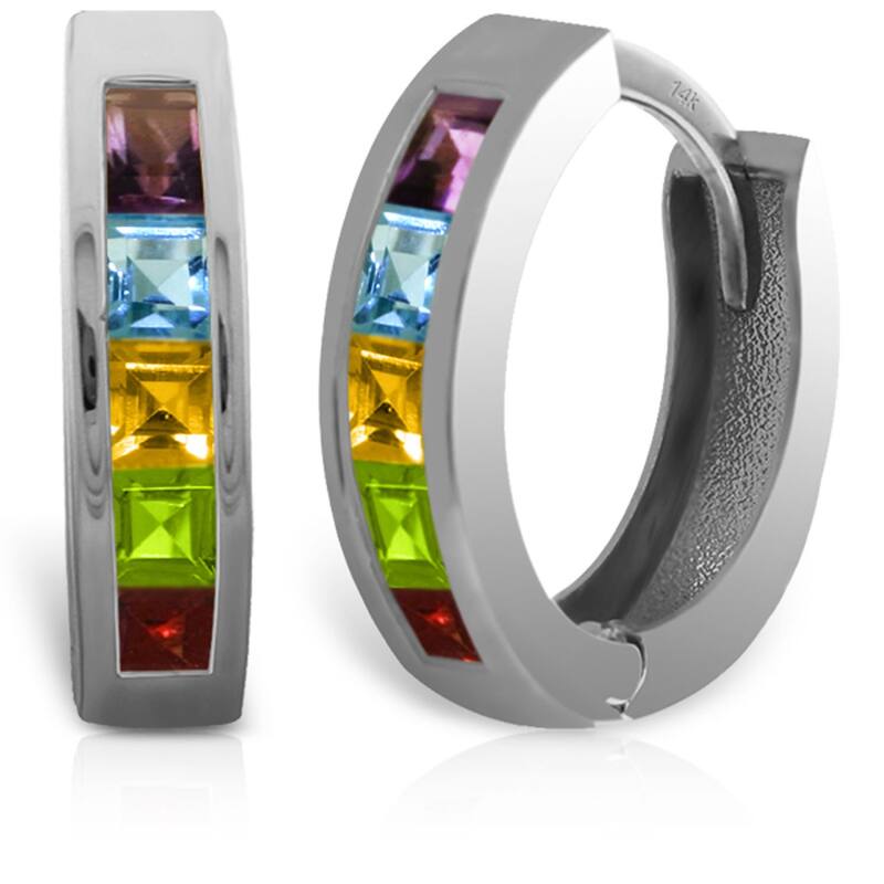 14K Solid Gold Elegant Hoop Huggie Earrings w/ Natural Multi Gemstones - White