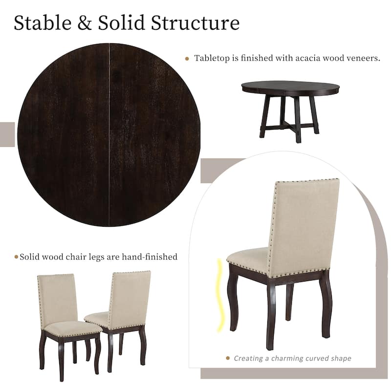 5Piece Farmhouse Extendable Round Dining Table Set with Upholstered