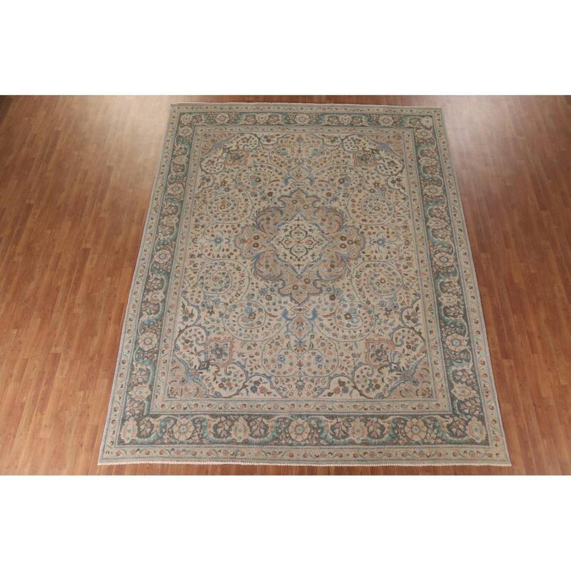 Hand Knotted Oriental 100% Wool Carpet Traditional Floral Beige & Ivories Tabriz Area Rug - 12' 3'' X 9' 8''