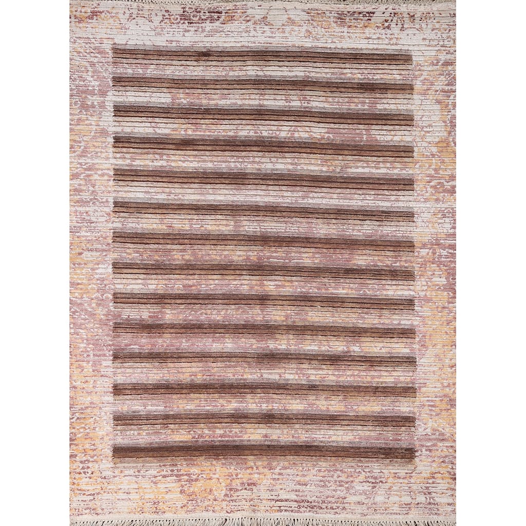 Striped Abstract Modern Accent Rug Hand-Knotted Brown Wool Carpet - 4'1"x 5'7"