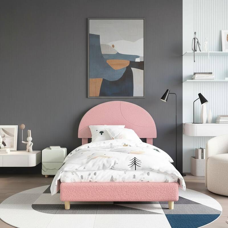 Twin Bed Frame, with Wooden Slats and Round Boucle Headboard - Pink - Twin
