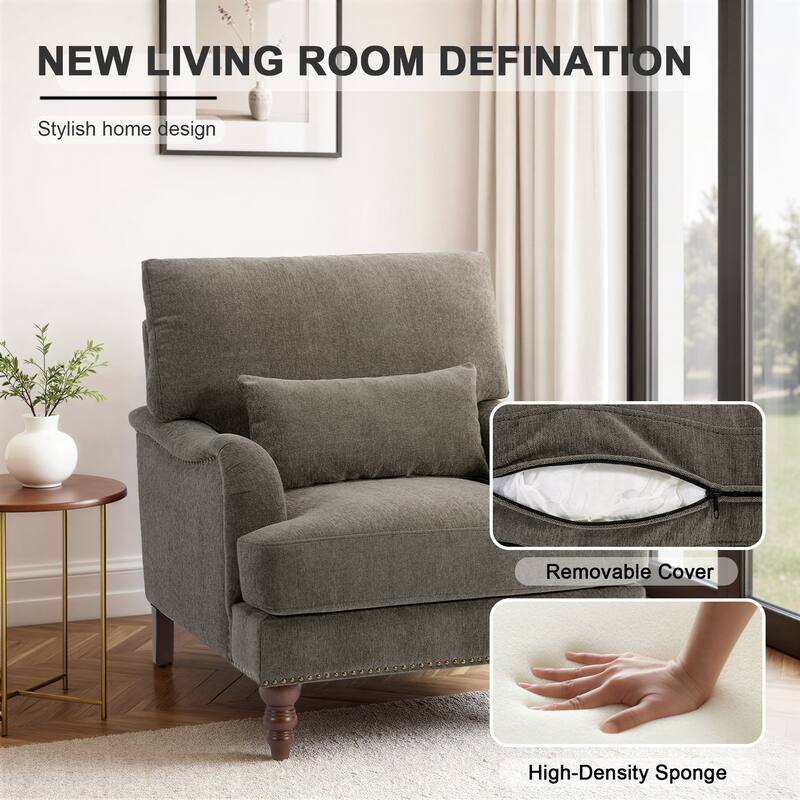 Chenille Accent Chair with Lumbar Pillow Nailhead Living Room