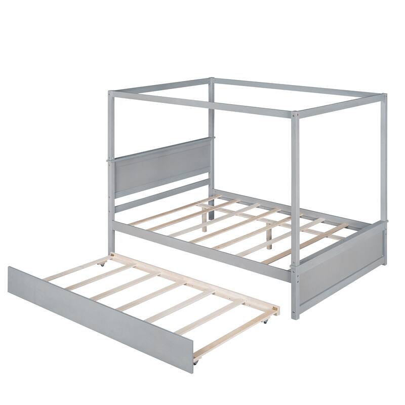 Full Size Wood Frame Platform Canopy Bed with Trundle