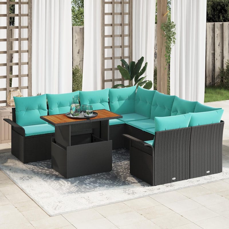 vidaXL 9 Piece Garden Sofa Set with Cushions Black Poly Rattan - 95.5×92.1×27.2