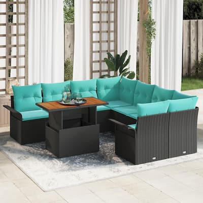 vidaXL 9 Piece Garden Sofa Set with Cushions Black Poly Rattan - 95.5×92.1×27.2