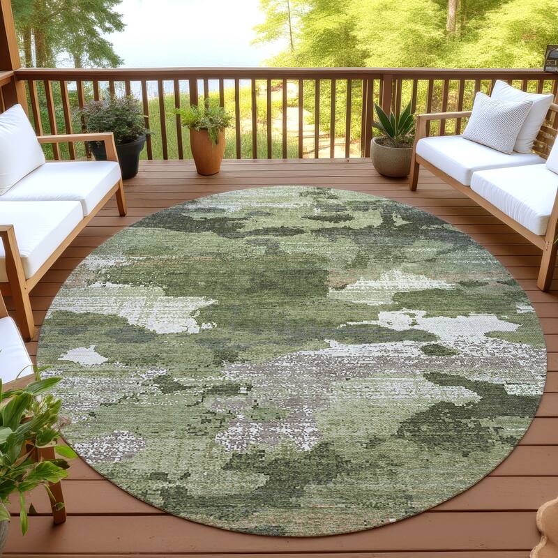 Machine Washable Indoor/ Outdoor Abstract Casual Chantille Rug - Olive - 8' x 8'