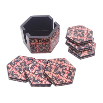 Novica Handmade Hexagon Batik Batik Wood Coasters (Set Of 6)