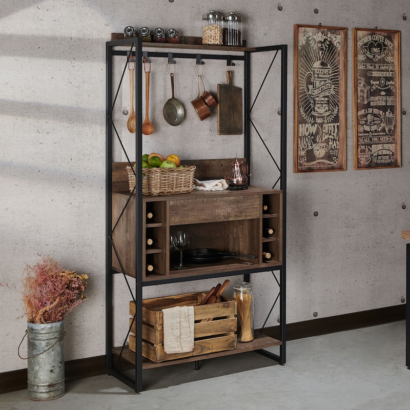 DH BASIC Industrial Reclaimed Oak 67-inch Metal 6-Wine Slots Baker's Rack by Denhour - Reclaimed Oak