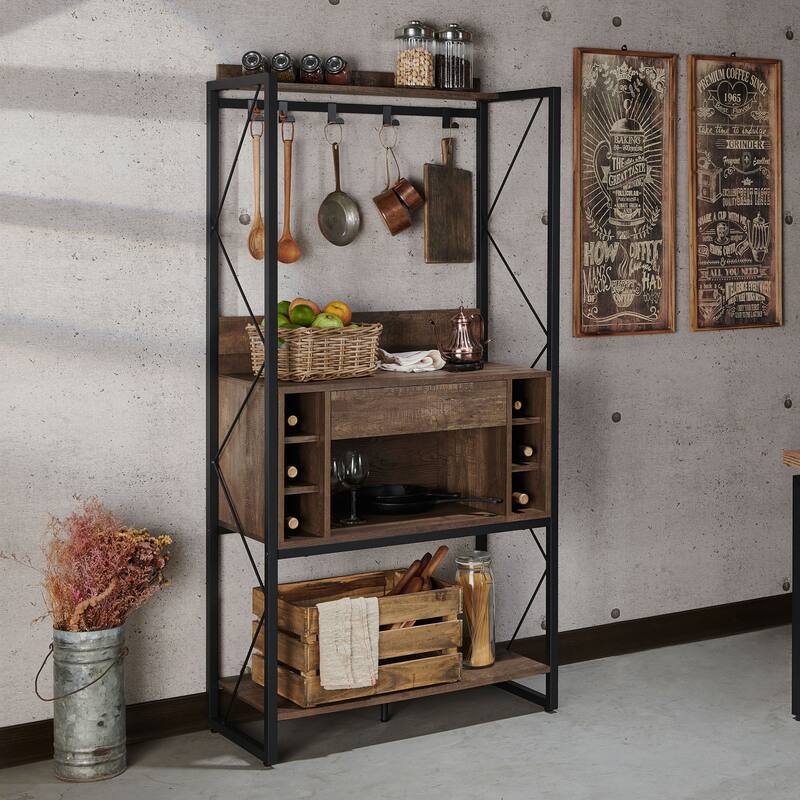 Basic Oak Rack DH BASIC Industrial Reclaimed Oak 67-inch Metal 6-Wine Slots Baker's ...