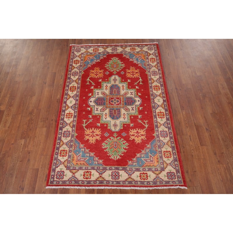 Geometric Kazak Accent Rug Hand-Knotted Traditional Wool Carpet - 3'5" x 5'2"