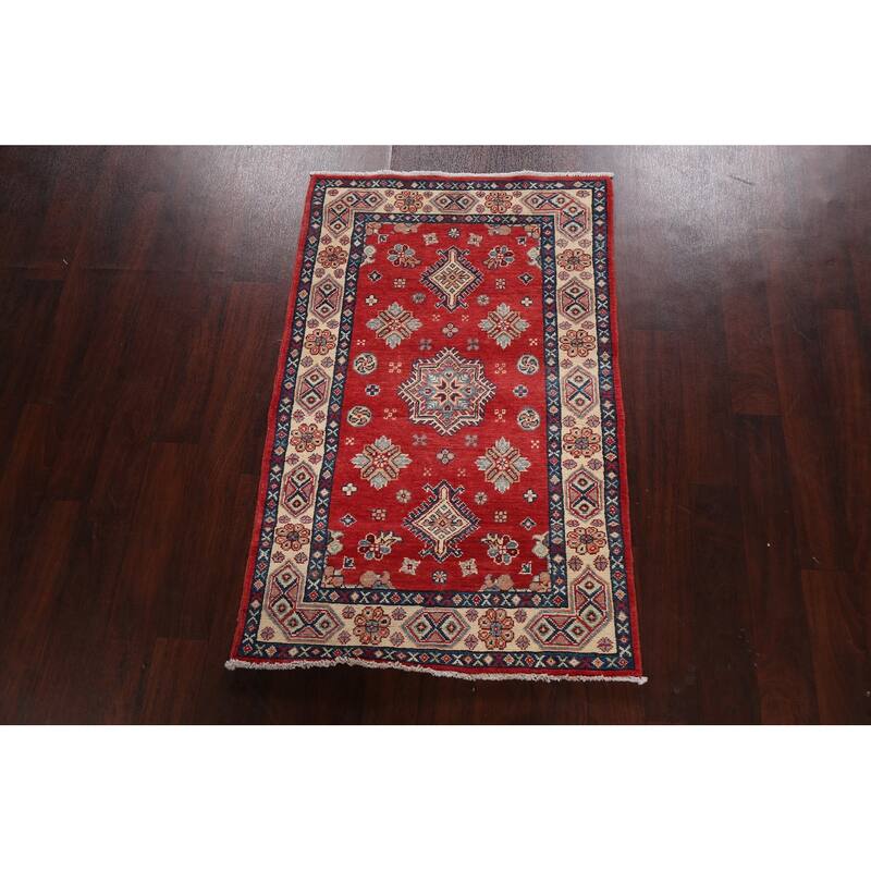 Hand Knotted Oriental 100% Wool Carpet Traditional Geometric Red Kazak Area Rug - 5' 0'' X 3' 1''