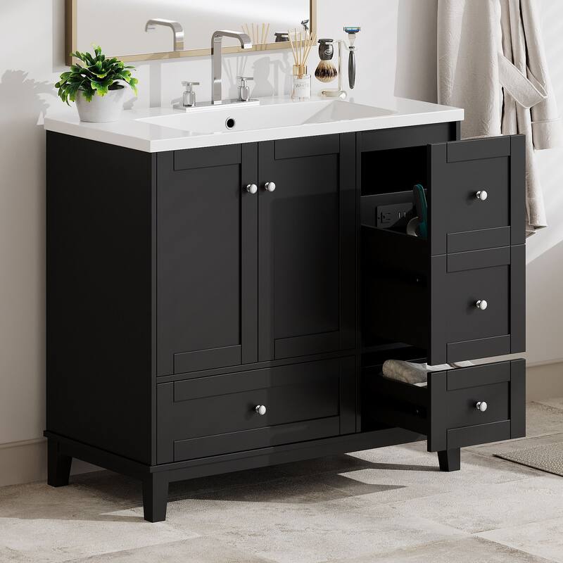 Contemporary 36-Inch Bathroom Vanity with USB Charging, Resin Sink, and Ample Storage