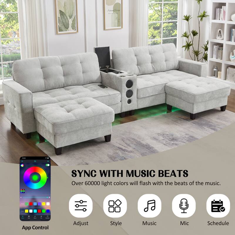 126" U-Shaped Sectional Sofa with Storage Ottomans & Bluetooth Speakers - Modular Couch with LED Lights, Console
