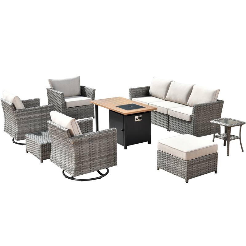 OVIOS 10-Piece Patio Wicker Conversation Rocking Chair Set With Fire Table