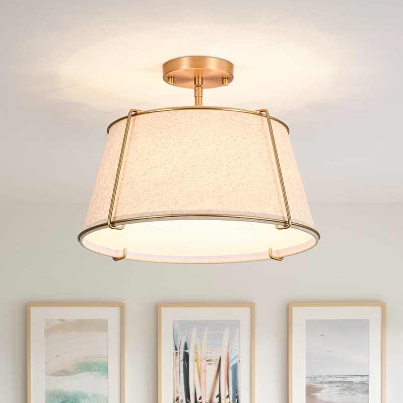 Brass 4-Light Wide Drum Linen Ceiling Light - 17in Mid-Century - Brass-Beige Linen